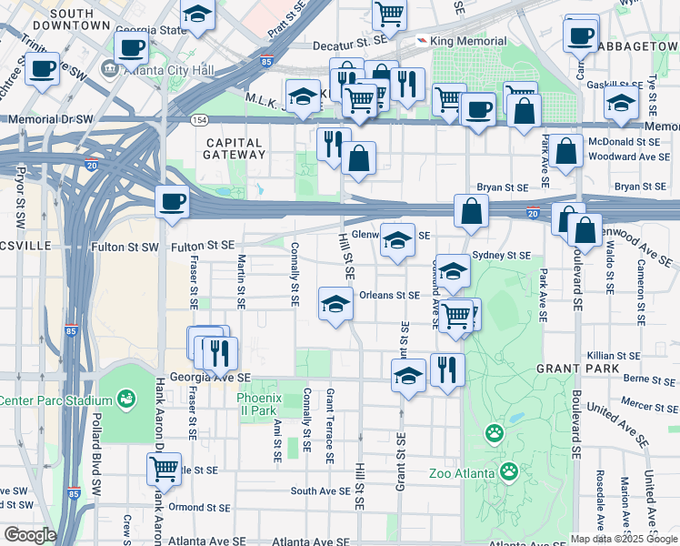 map of restaurants, bars, coffee shops, grocery stores, and more near Sydney Street Southeast in Atlanta