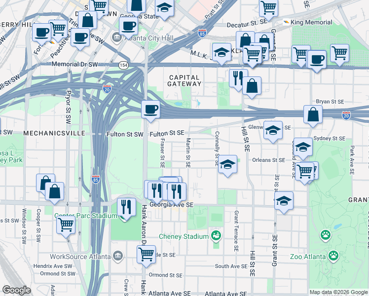 map of restaurants, bars, coffee shops, grocery stores, and more near 500 Martin Street Southeast in Atlanta