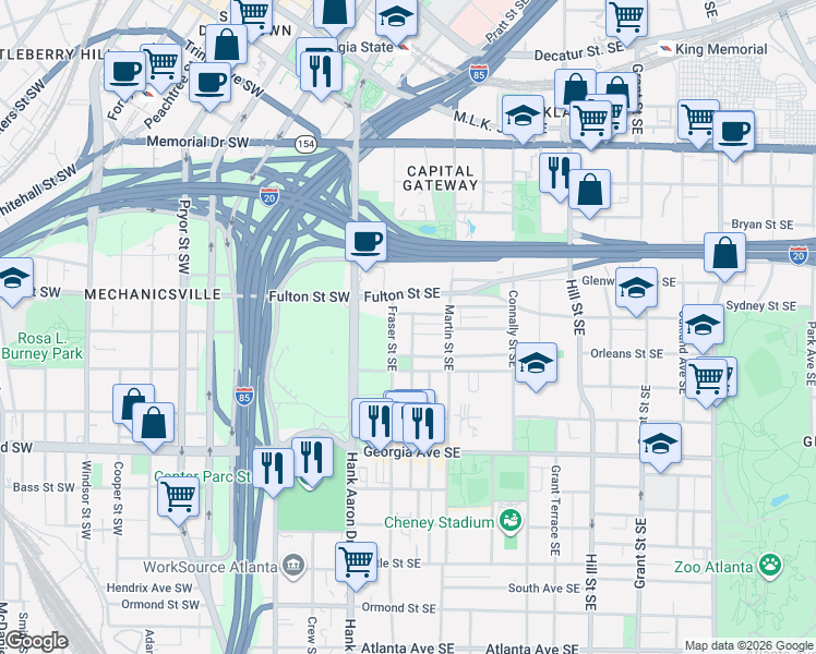 map of restaurants, bars, coffee shops, grocery stores, and more near 489 Reed Street Southeast in Atlanta