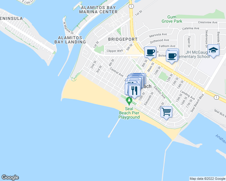 map of restaurants, bars, coffee shops, grocery stores, and more near 604 Ocean Avenue in Seal Beach