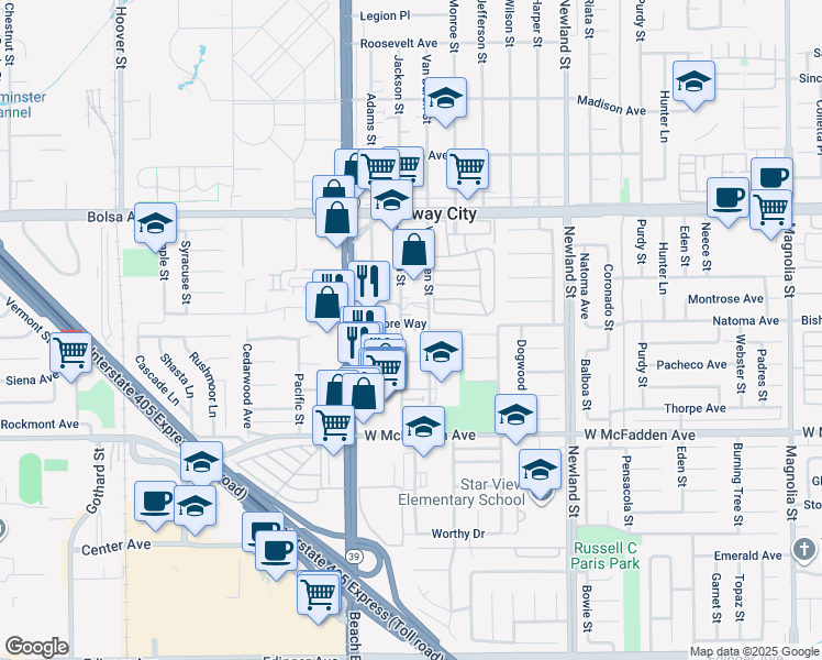 map of restaurants, bars, coffee shops, grocery stores, and more near 8142 Elmore Way in Midway City