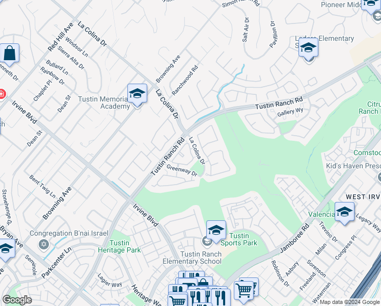 map of restaurants, bars, coffee shops, grocery stores, and more near 2346 Tryall in Tustin
