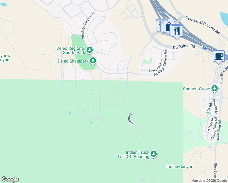 map of restaurants, bars, coffee shops, grocery stores, and more near 26234 Moorpark Court in Corona