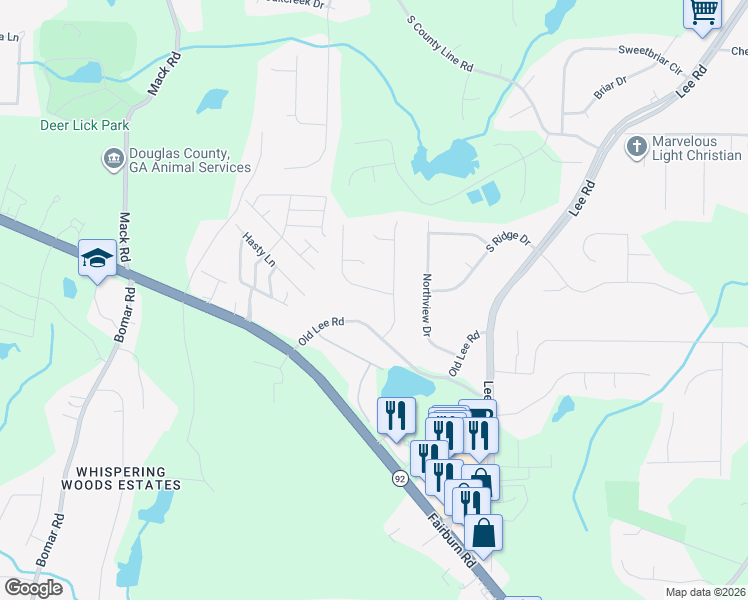 map of restaurants, bars, coffee shops, grocery stores, and more near 2891 Bottle Brush Drive in Lithia Springs