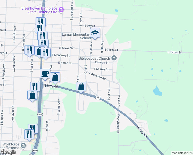 map of restaurants, bars, coffee shops, grocery stores, and more near 522 East Acheson Road in Denison