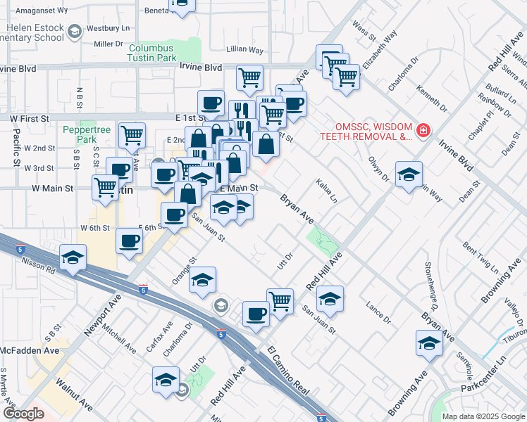 map of restaurants, bars, coffee shops, grocery stores, and more near 1176 Bryan Avenue in Tustin