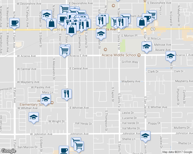 map of restaurants, bars, coffee shops, grocery stores, and more near 440 South Buena Vista Street in Hemet