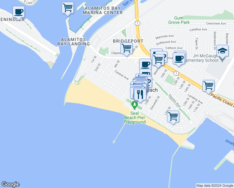 map of restaurants, bars, coffee shops, grocery stores, and more near 600 Ocean Avenue in Seal Beach