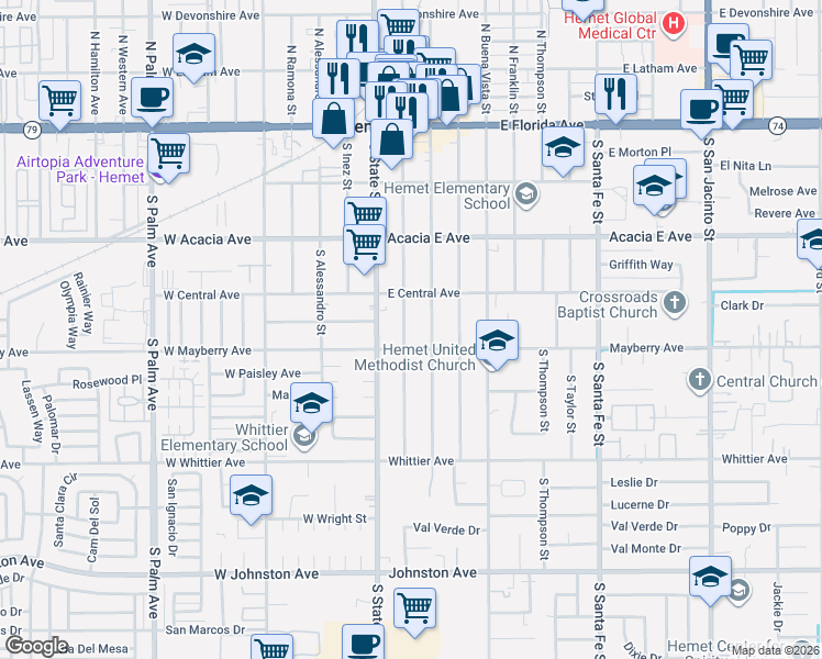 map of restaurants, bars, coffee shops, grocery stores, and more near 440 South Harvard Street in Hemet