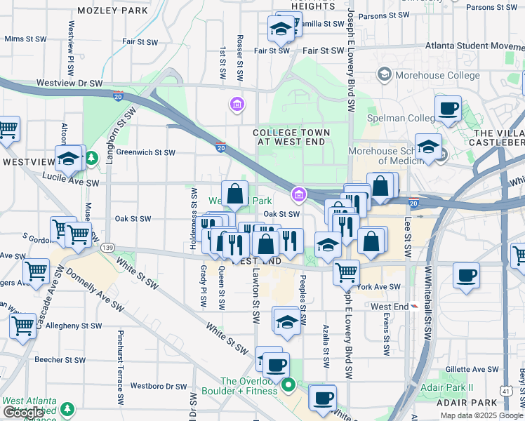 map of restaurants, bars, coffee shops, grocery stores, and more near 1073 Oak Street Southwest in Atlanta