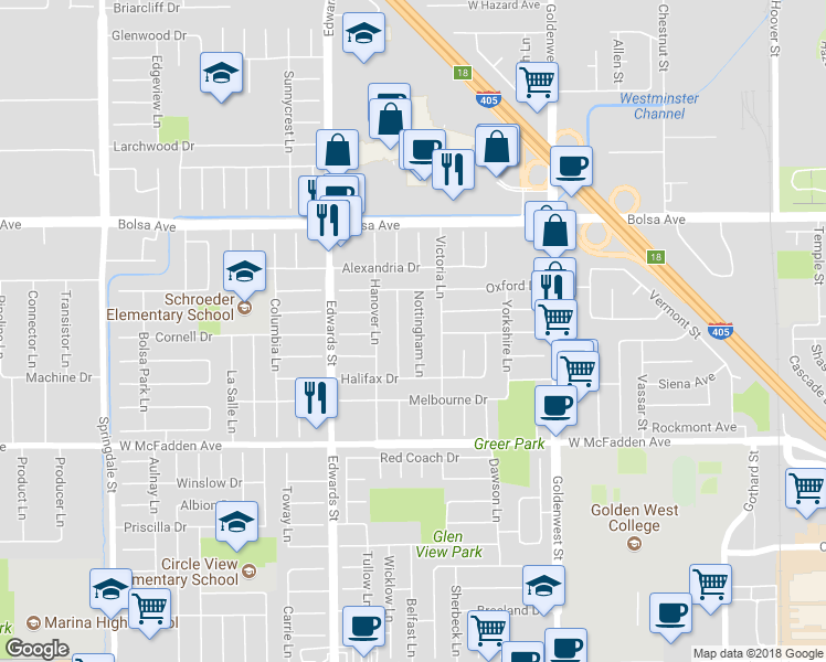 map of restaurants, bars, coffee shops, grocery stores, and more near 15231 Nottingham Lane in Huntington Beach