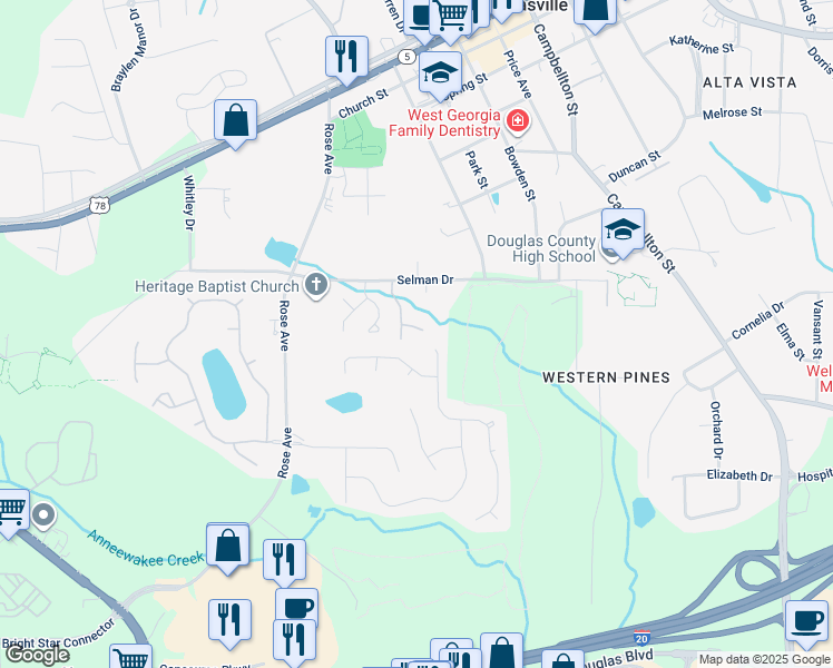 map of restaurants, bars, coffee shops, grocery stores, and more near 8882 Countryside Way in Douglasville