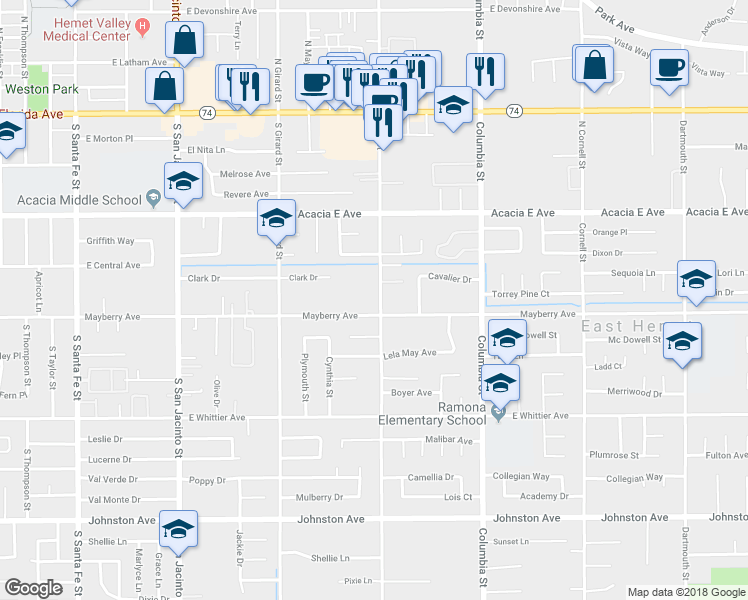 map of restaurants, bars, coffee shops, grocery stores, and more near 26213 Yale Street in Hemet
