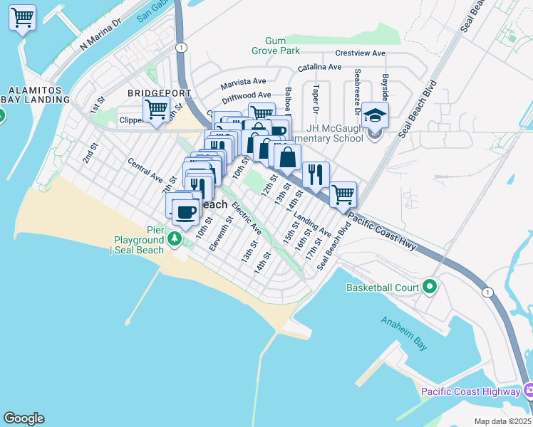 map of restaurants, bars, coffee shops, grocery stores, and more near 211 13th Street in Seal Beach