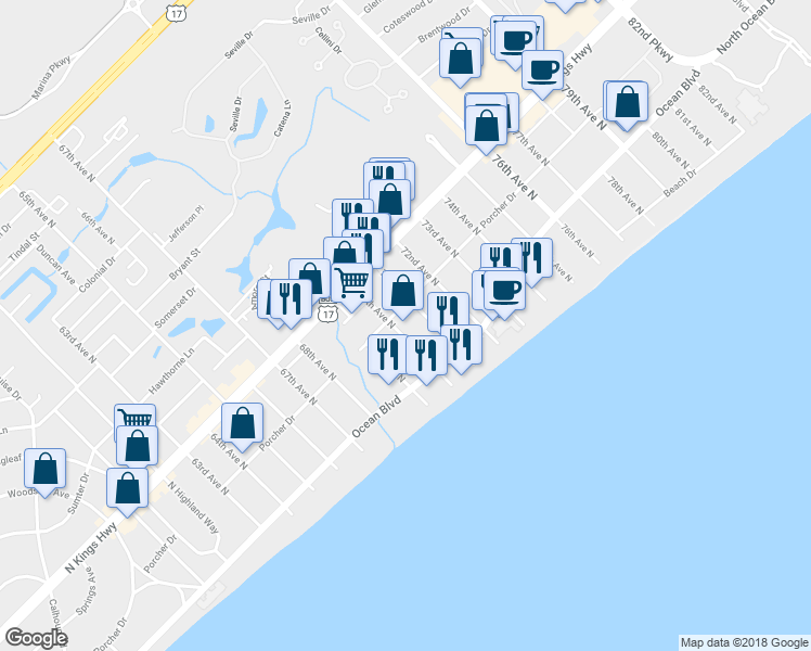 map of restaurants, bars, coffee shops, grocery stores, and more near 312 70th Avenue North in Myrtle Beach