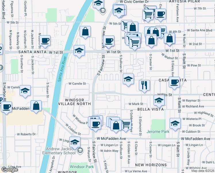 map of restaurants, bars, coffee shops, grocery stores, and more near 514 South Everglade Street in Santa Ana