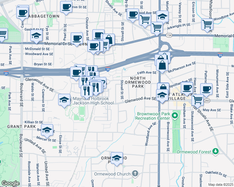 map of restaurants, bars, coffee shops, grocery stores, and more near 484 Glenwood Place Southeast in Atlanta