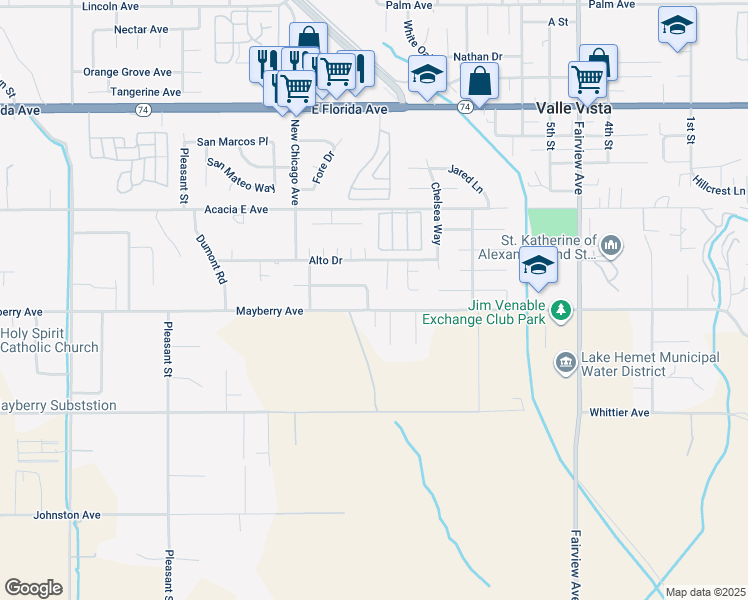 map of restaurants, bars, coffee shops, grocery stores, and more near 43470 Peartree Lane in Hemet