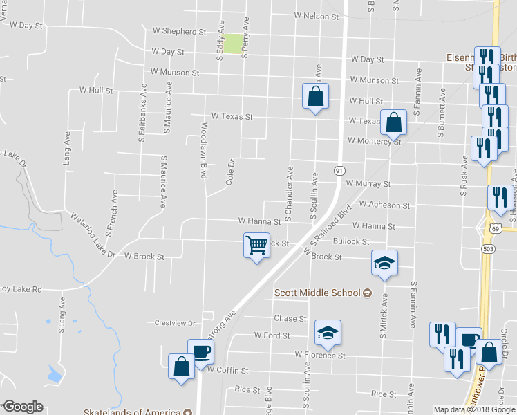 map of restaurants, bars, coffee shops, grocery stores, and more near 1509 South Tone Avenue in Denison