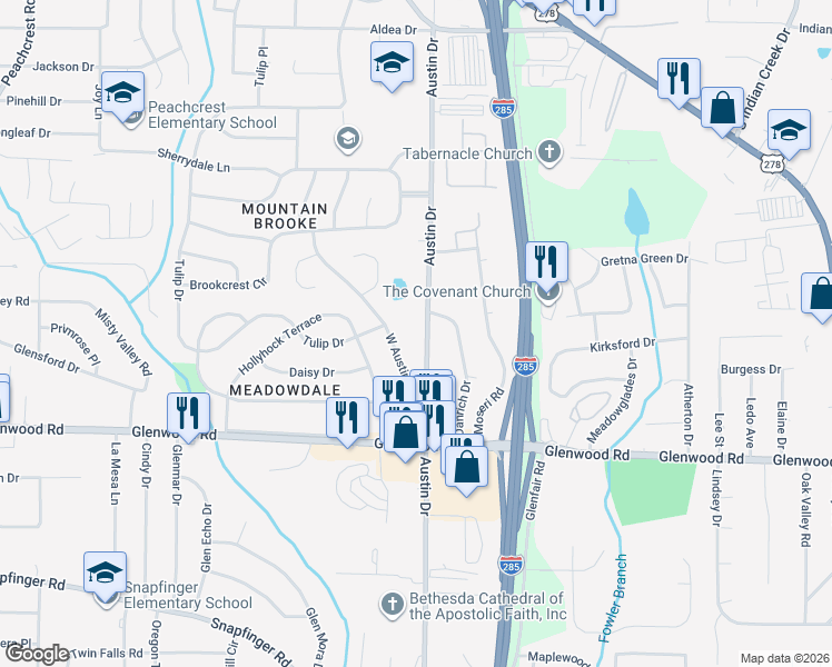 map of restaurants, bars, coffee shops, grocery stores, and more near 1729 Austin Drive in Decatur