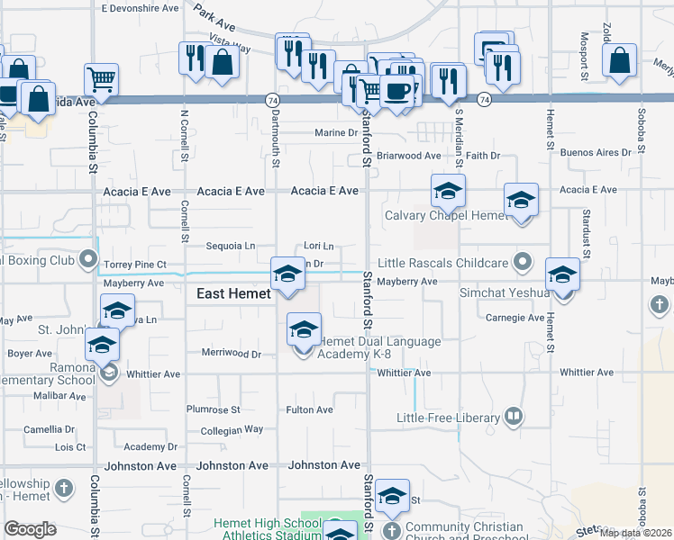 map of restaurants, bars, coffee shops, grocery stores, and more near 41671 Erin Drive in Hemet