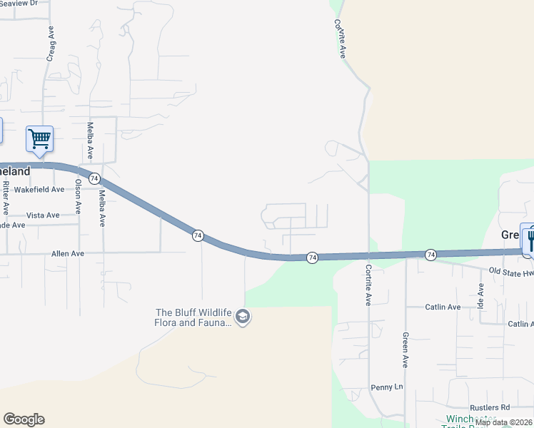 map of restaurants, bars, coffee shops, grocery stores, and more near 32600 California 74 in Hemet