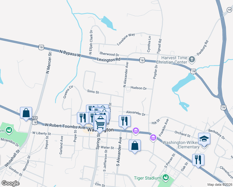 map of restaurants, bars, coffee shops, grocery stores, and more near 105 Sims Street in Washington