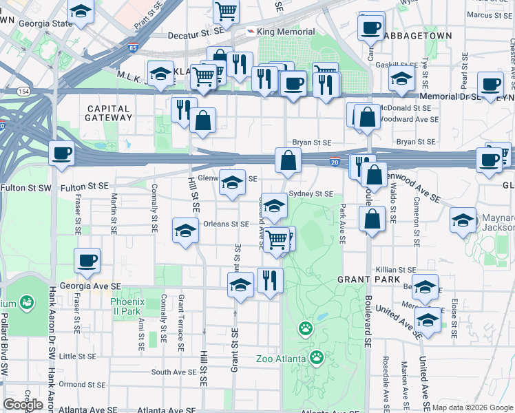 map of restaurants, bars, coffee shops, grocery stores, and more near 499 Oakland Avenue Southeast in Atlanta