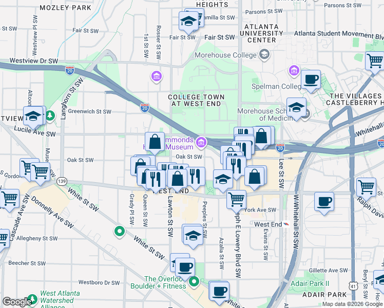 map of restaurants, bars, coffee shops, grocery stores, and more near 1029 Oak Street Southwest in Atlanta