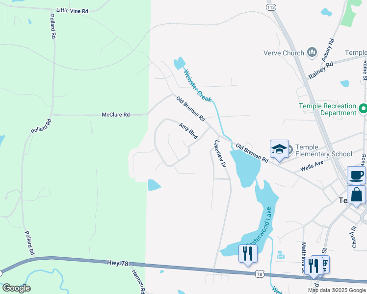 map of restaurants, bars, coffee shops, grocery stores, and more near 100 Lydia Court in Temple