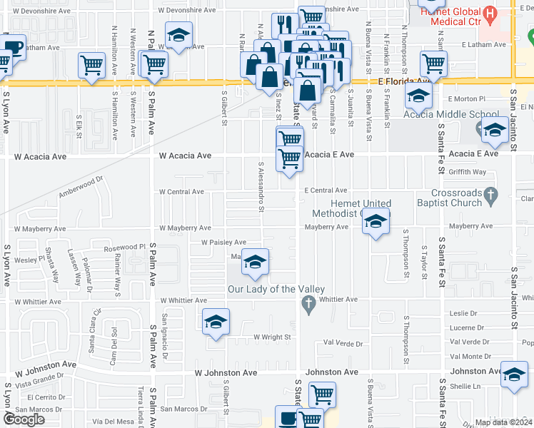 map of restaurants, bars, coffee shops, grocery stores, and more near 225 Elmwood Avenue in Hemet