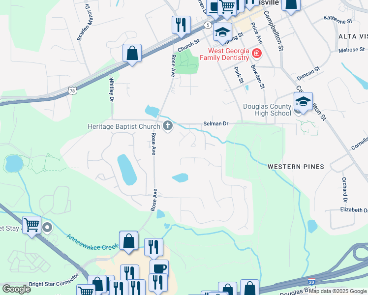 map of restaurants, bars, coffee shops, grocery stores, and more near 8846 West Hills Court in Douglasville