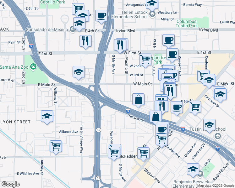 map of restaurants, bars, coffee shops, grocery stores, and more near 647 West 6th Street in Tustin