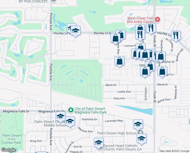 map of restaurants, bars, coffee shops, grocery stores, and more near 74514 Zircon Circle East in Palm Desert