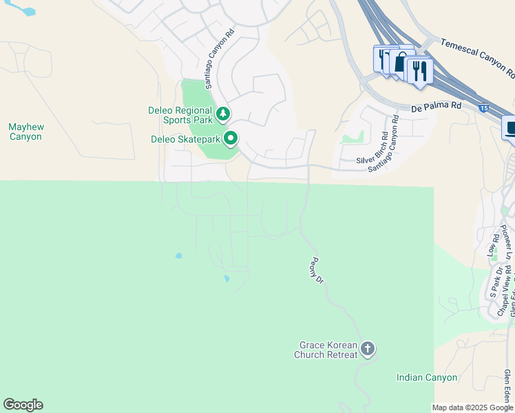 map of restaurants, bars, coffee shops, grocery stores, and more near Santiago Canyon Road in Corona