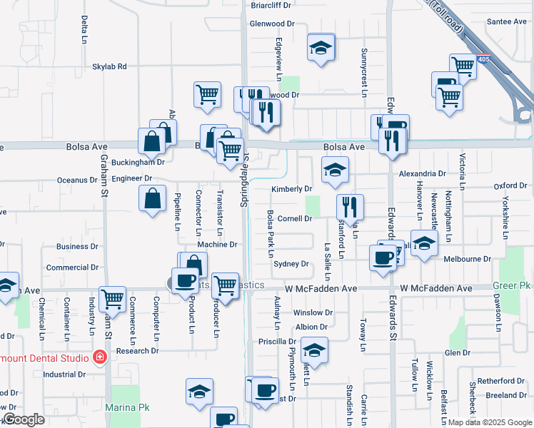 map of restaurants, bars, coffee shops, grocery stores, and more near 6071 Cornell Drive in Huntington Beach
