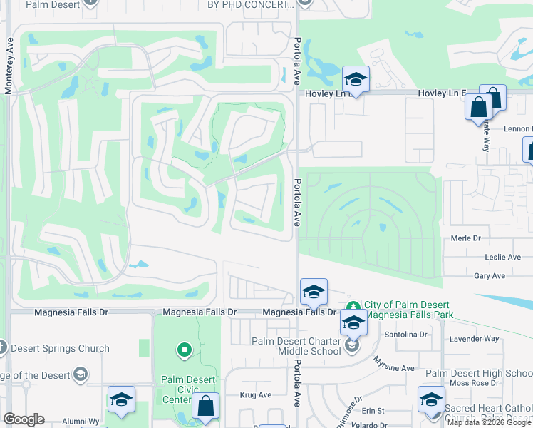map of restaurants, bars, coffee shops, grocery stores, and more near 40 Presidio Place in Palm Desert