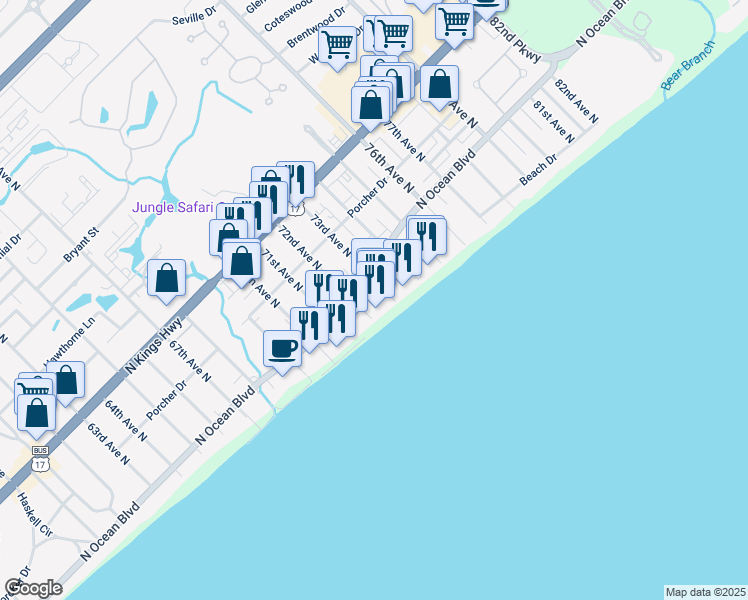 map of restaurants, bars, coffee shops, grocery stores, and more near 315 Shuffleboard Court in Myrtle Beach