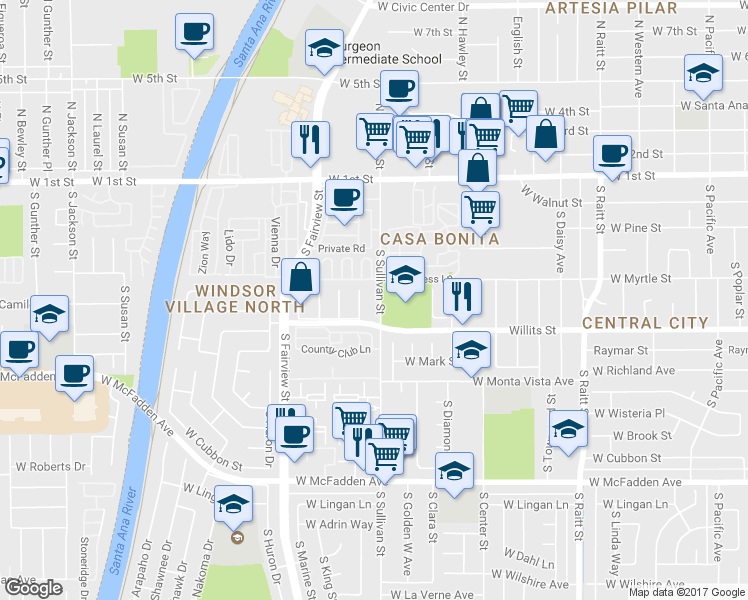 map of restaurants, bars, coffee shops, grocery stores, and more near 426 South Sullivan Street in Santa Ana