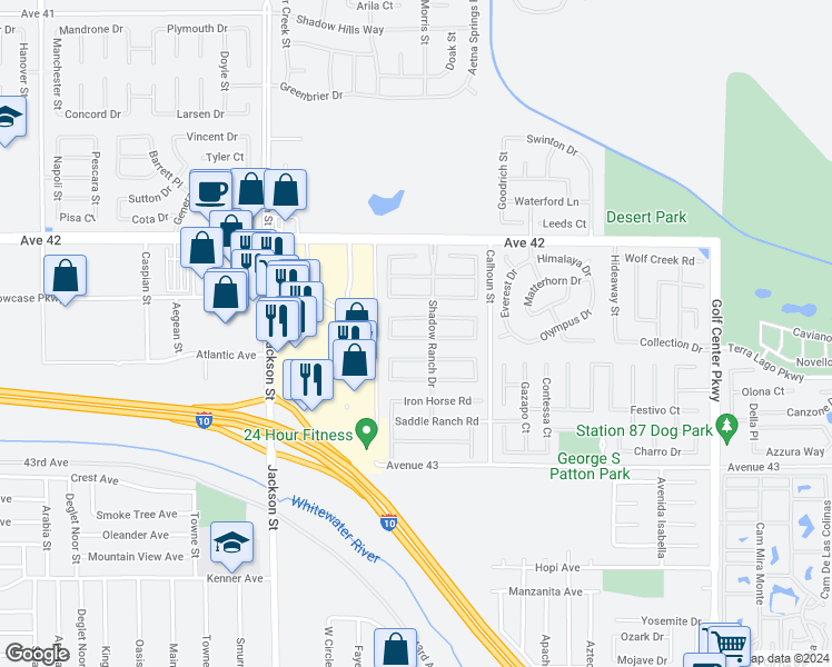 map of restaurants, bars, coffee shops, grocery stores, and more near 83328 Wagon Road in Indio