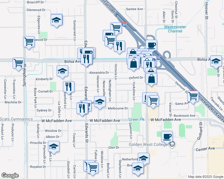 map of restaurants, bars, coffee shops, grocery stores, and more near 15232 Nottingham Lane in Huntington Beach