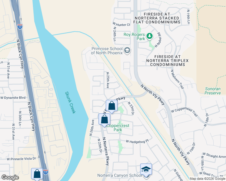 map of restaurants, bars, coffee shops, grocery stores, and more near 2433 West Silver Sage Lane in Phoenix