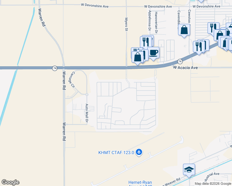 map of restaurants, bars, coffee shops, grocery stores, and more near 5001 West Florida Avenue in Hemet