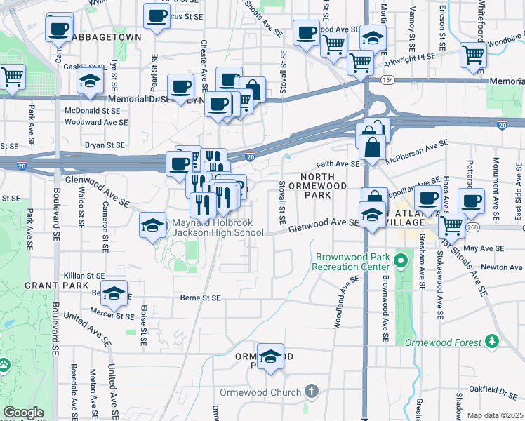 map of restaurants, bars, coffee shops, grocery stores, and more near 481 Glenwood Place Southeast in Atlanta