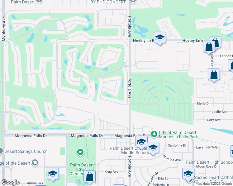 map of restaurants, bars, coffee shops, grocery stores, and more near 40 Presidio Place in Palm Desert