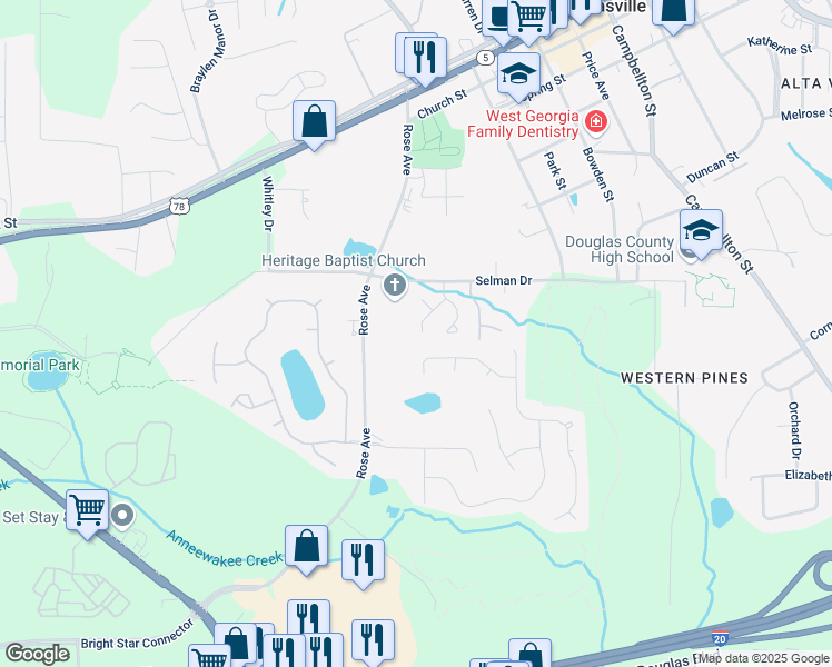 map of restaurants, bars, coffee shops, grocery stores, and more near 8846 West Hills Court in Douglasville