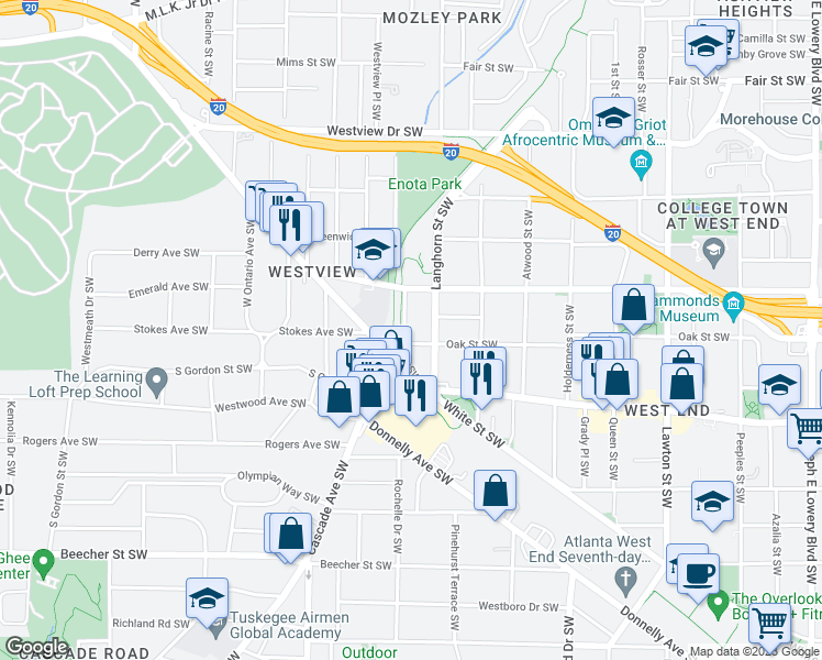 map of restaurants, bars, coffee shops, grocery stores, and more near 520 Muse Street Southwest in Atlanta