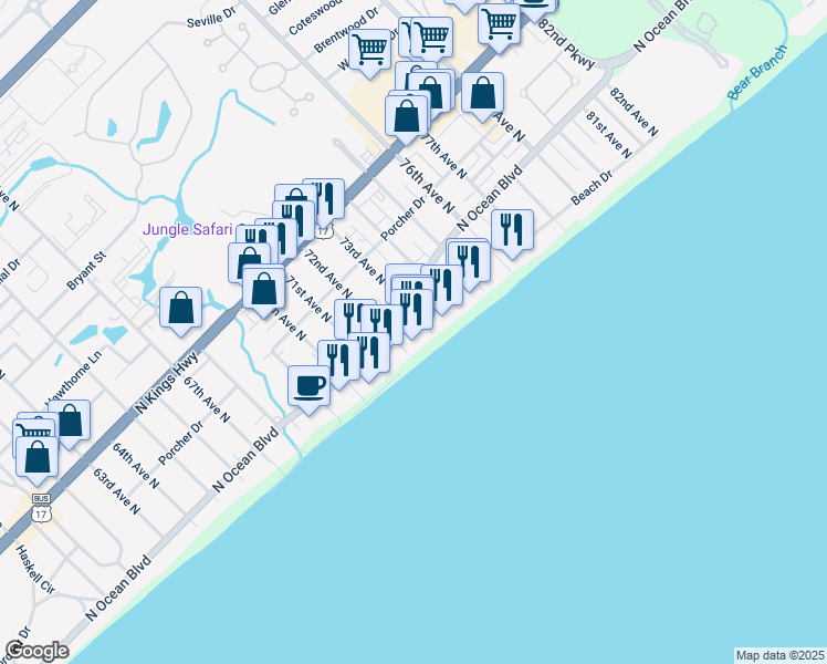 map of restaurants, bars, coffee shops, grocery stores, and more near 7200 North Ocean Boulevard in Myrtle Beach