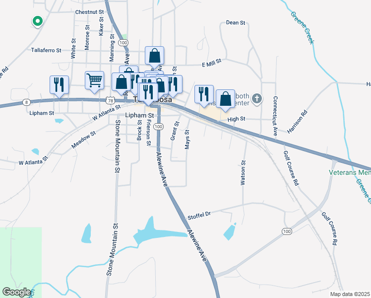 map of restaurants, bars, coffee shops, grocery stores, and more near 91 Mays Street in Tallapoosa