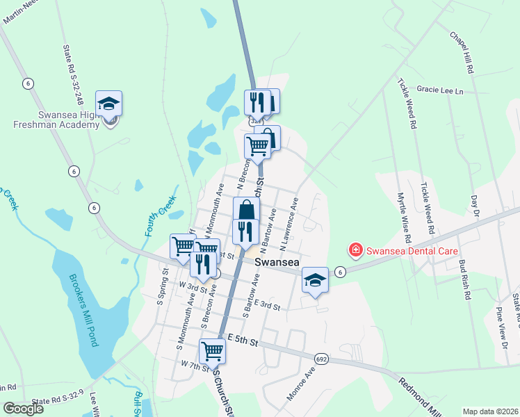 map of restaurants, bars, coffee shops, grocery stores, and more near 395 North Church Street in Swansea